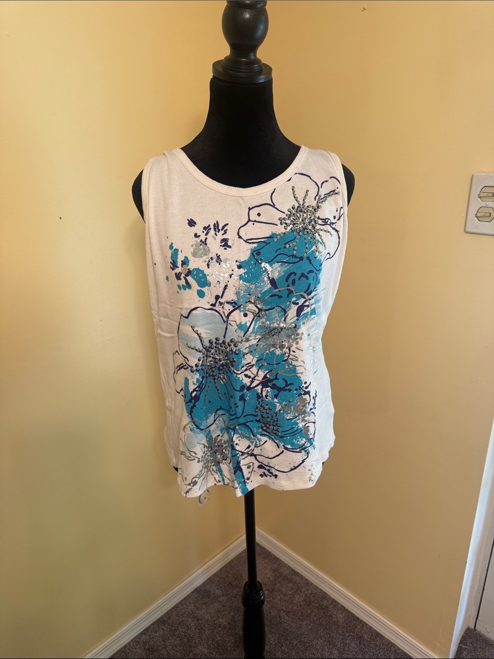 Fashion Bug White Tank with Blue Floral Accents